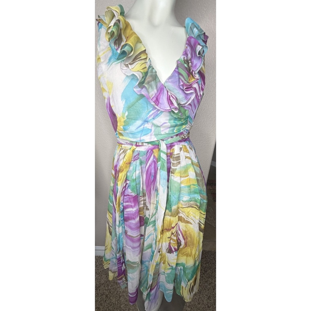 100% Silk Watercolor Ruffle Dress Womens Wrap Midi Pastel Floral Sleeveless
